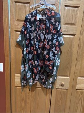 libby. edelman Black Floral Sheer Kimono with Olive Panels